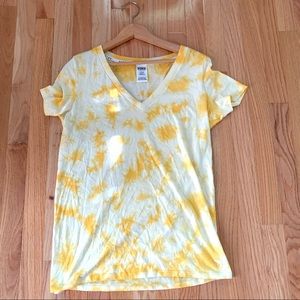 PINK Yellow Tie Dyed V Neck T Shirt